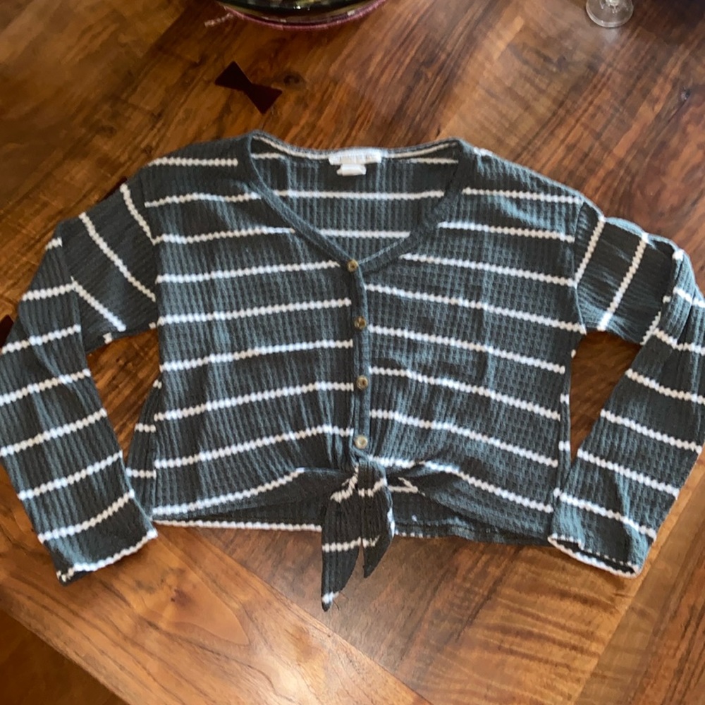 Waffle Knit Striped Tie-Front Crop Top Shirt Blouse Olive Green Cropped Thermal